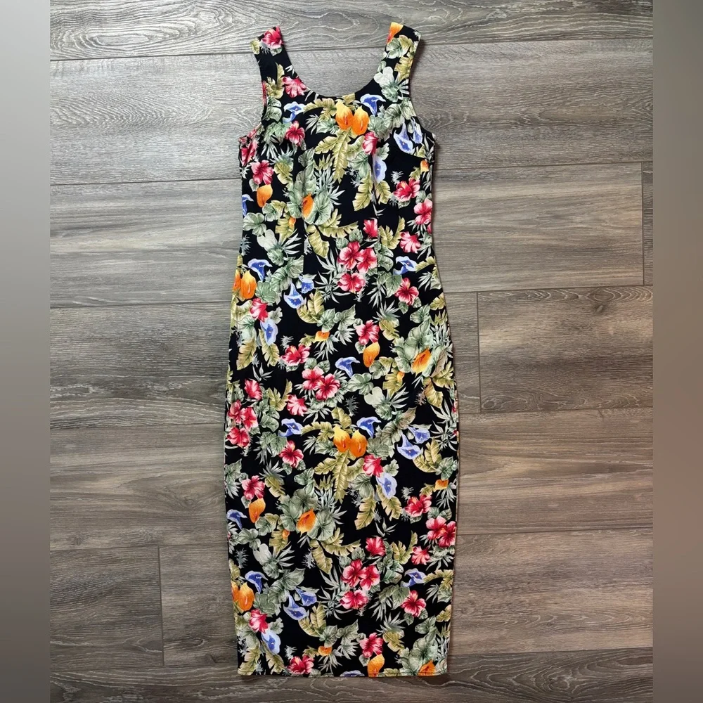 Vintage Ulterior Motives Black Floral Tropical Sleeveless Midi Dress Size 9/10 - Picture 1 of 6